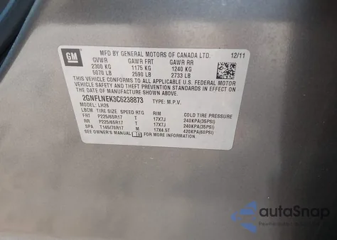 2012 Chevrolet Equinox 2Lt from USA, damaged, VIN 2GNFLNEK3C6238873